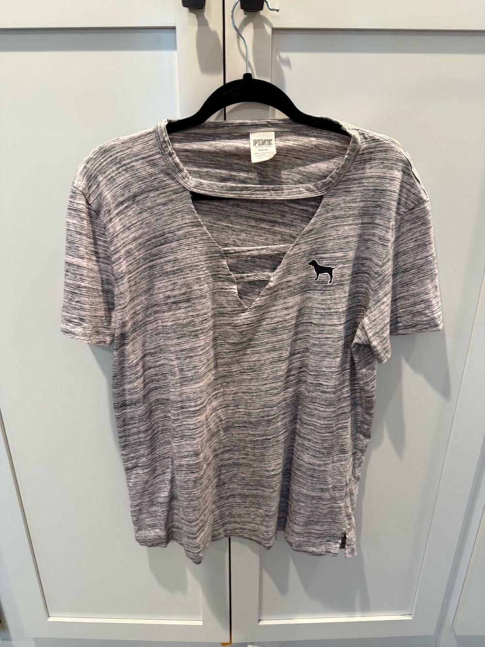 PINK Victoria's Secret Heather Gray Striped Crisscross Short Sleeve Tee